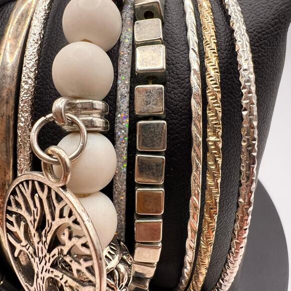 Eclectic Bracelet Lot 13 Pc Set Silver Tone Bangles Cuffs Beaded Stacked Jewelry - Picture 4 of 7